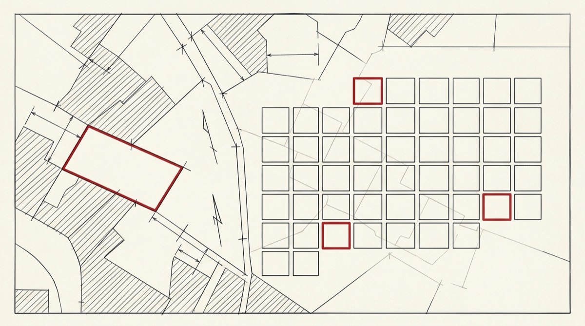 Hand-drafted calendar grid overlaid on a survey plan, with many dates marked