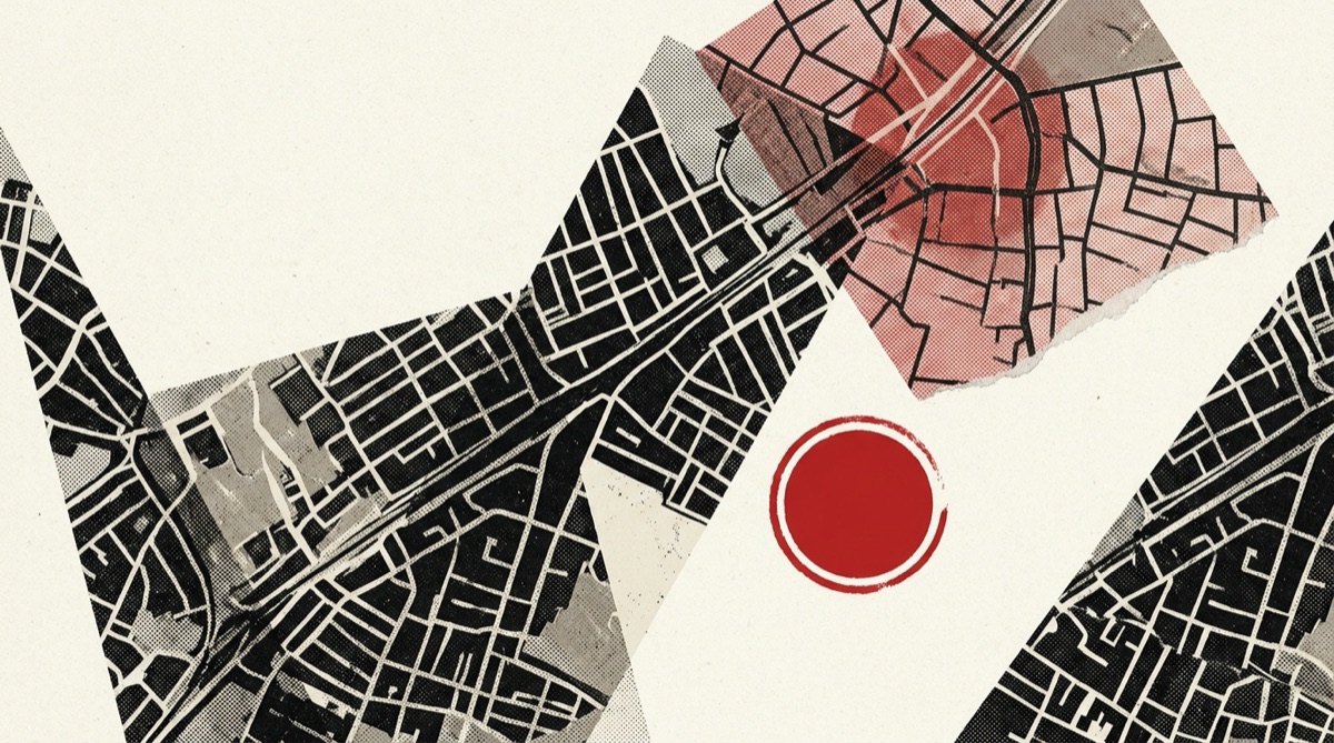 Editorial collage of street-map fragments with one red activity-centre catchment highlighted